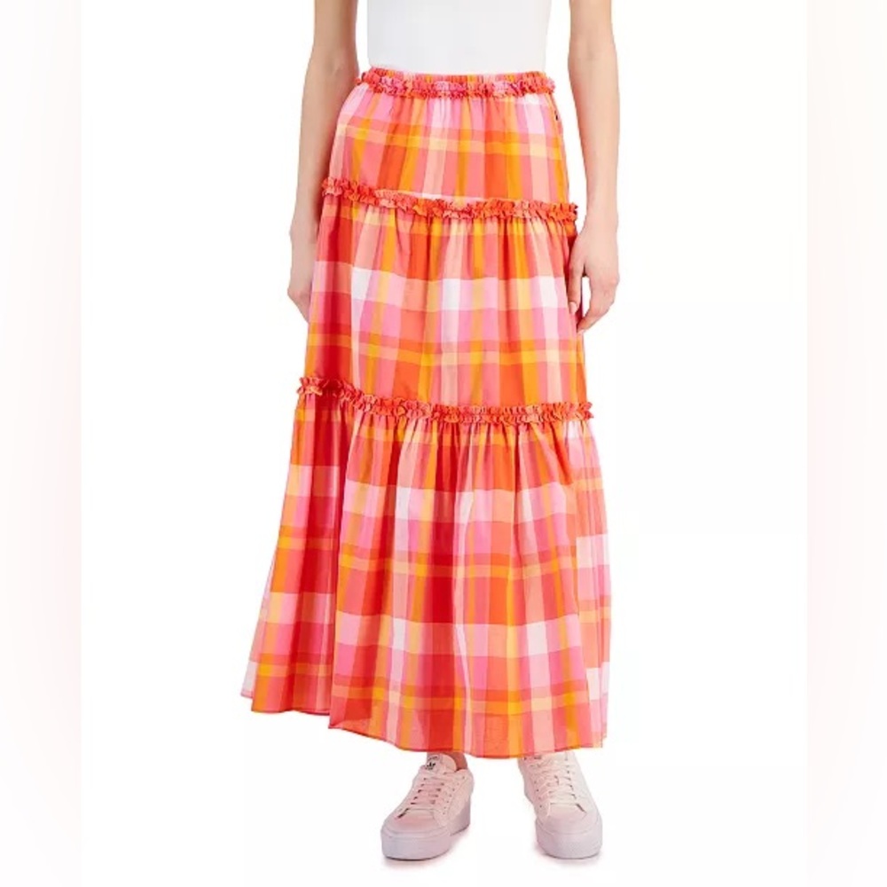 Nautica Jeans Women's Cotton Plaid-Print Ruffle-Trim Maxi Skirt Summer Spring XL
